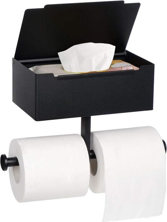 Portarrollos de papel higiénico con caja para pañuelos, portarrollos doble - portarrollos de acero inoxidable, no requiere perforación, instalación fácil y rápida negro