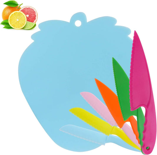 Cuchillos de cocina y tabla de cortar para niños o para camping, 6 cuchillos coloridos/1 tabla de cortar de fresa