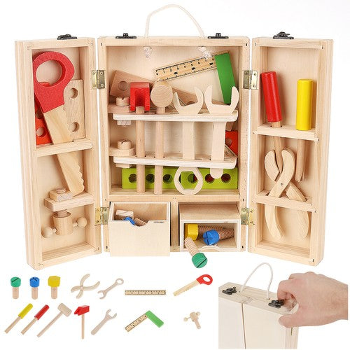Caja de herramientas de madera con maleta de madera con más de 20 piezas
