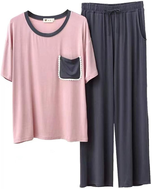 Pijama para Mujer de algodón con Pantalones talla L rosa y gris